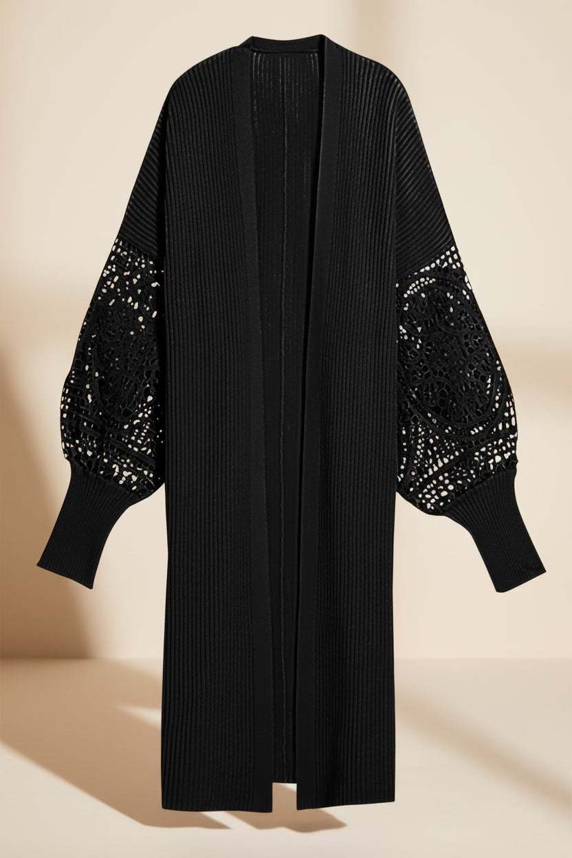 Black Lace Sleeve Ribbed Knit Cardigan — Detail View 4