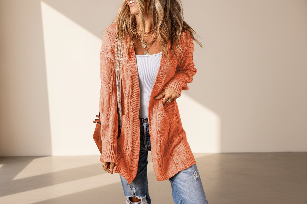 Ribbed Trim Eyelet Cable Knit Cardigan — View 17