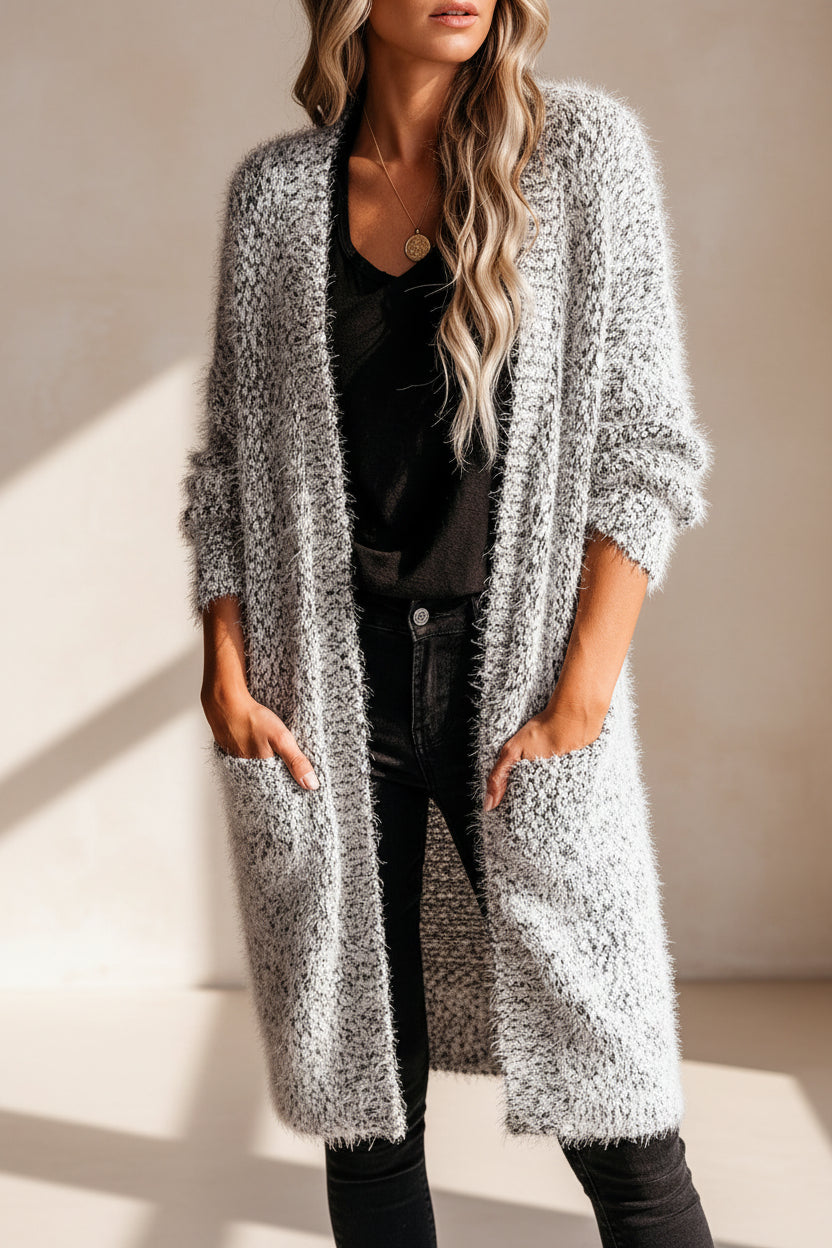 Gray Fuzzy Knit Cardigan with Pockets — Detail View 8