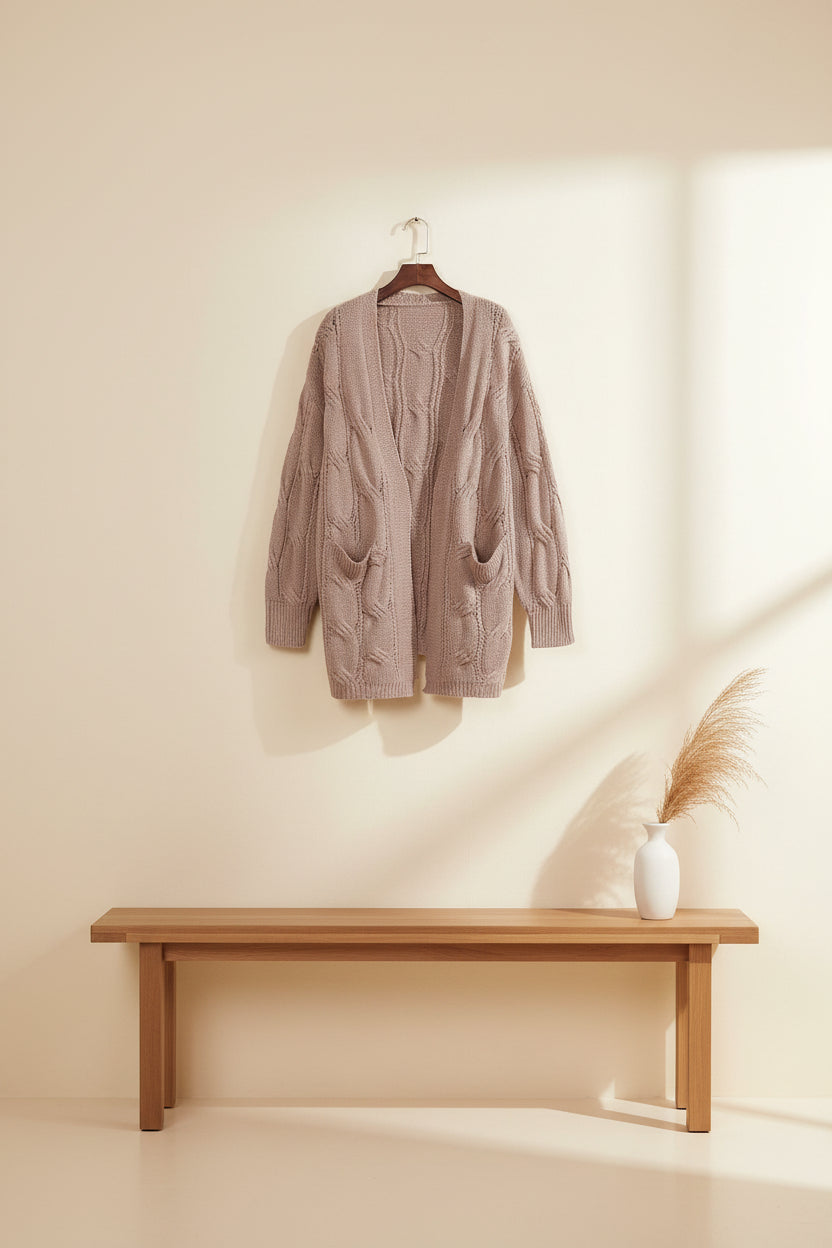 Ribbed Trim Eyelet Cable Knit Cardigan — View 33