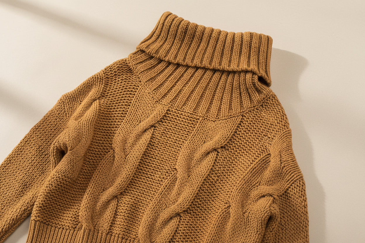 Cable-Knit Handmade Turtleneck Sweater — Detail View 10