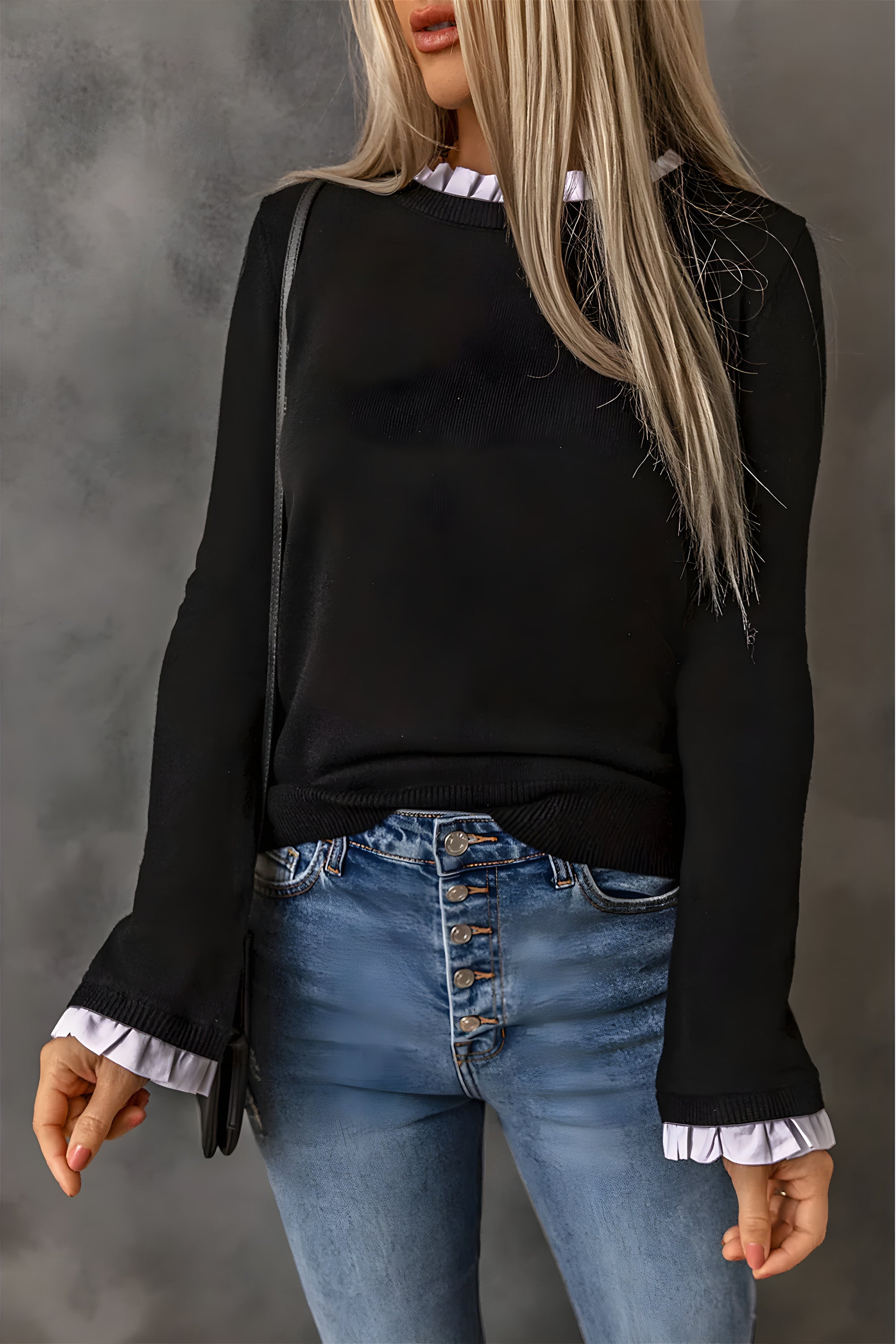 ELNOVÉ Coralie Jersey de Punto Cuello Redondo con Volante - Suéter