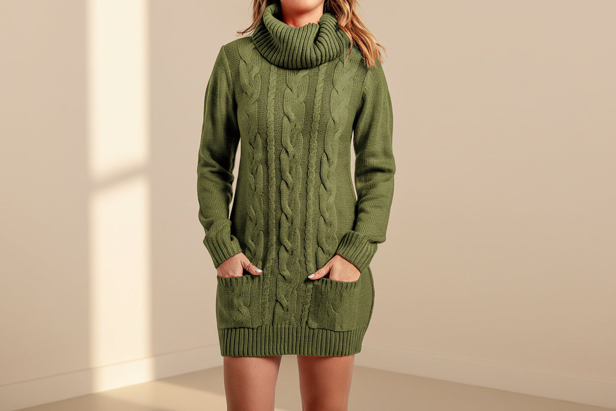 Olive Cowl Neck Cable Knit Sweater Dress — Detail View 3