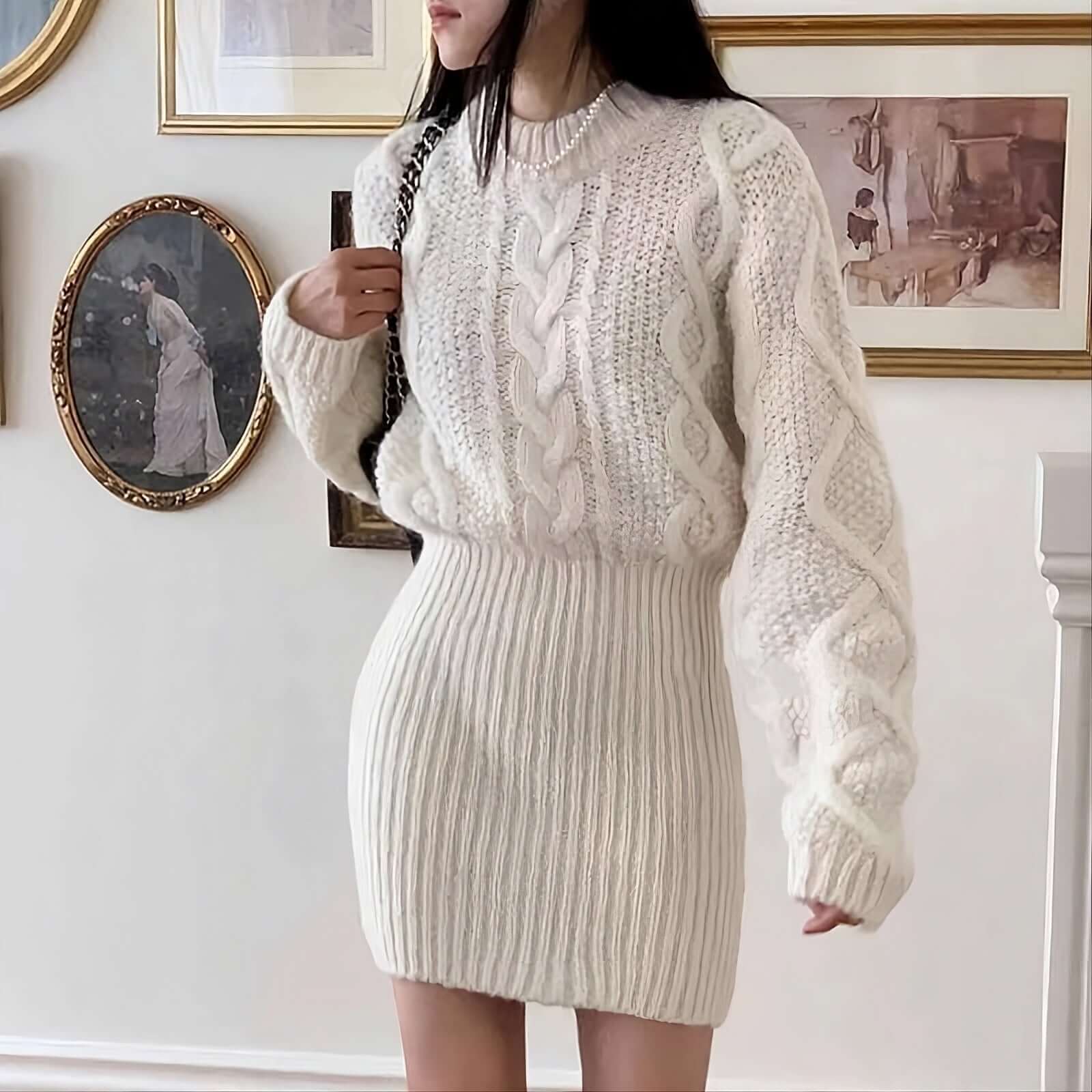 Manon Cable-Knit Mini Sweater Dress#Color_Beige