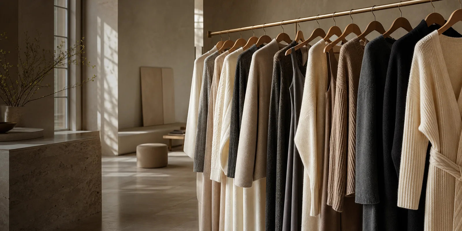 Premium neutral womenswear arranged in an ELNOVE-style atelier