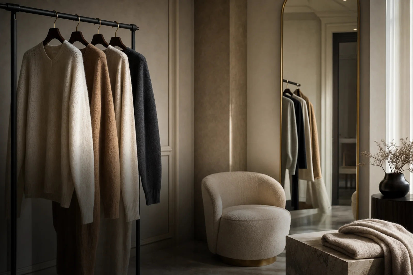 Elegant womenswear fitting salon with neutral knit pieces